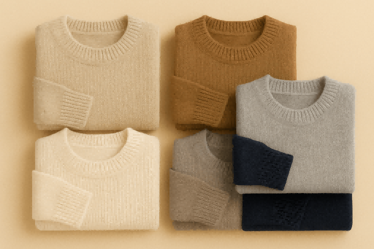 A collection of neatly folded knit sweaters in various colors